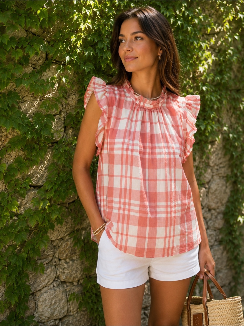 ISABELLA SINCLAIR Pink Plaid Semi-Sheet Chiffon Ruffle Neck Blouse, S